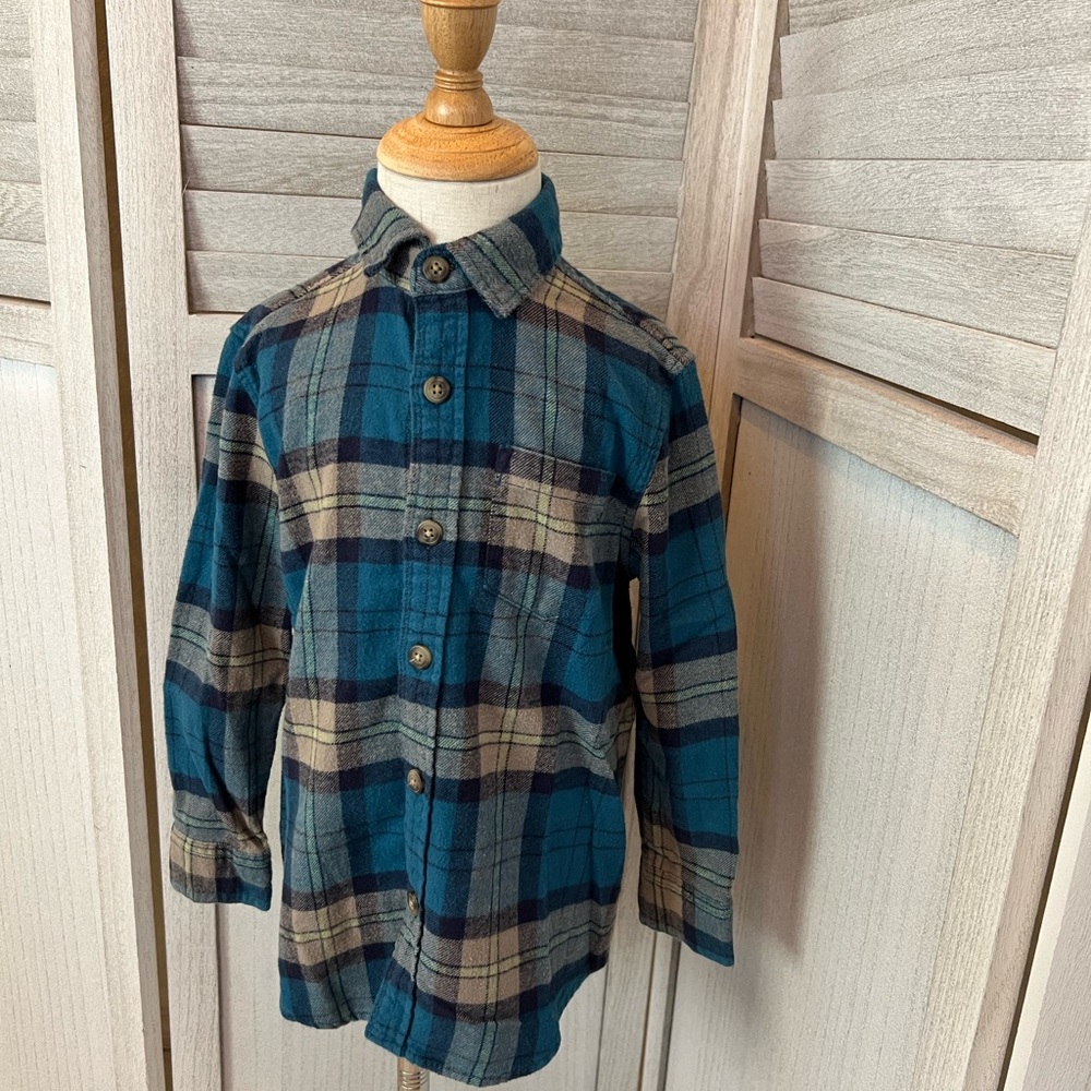 Gymboree Flannel Button-Down Shirt | Size 4 | Blue/Tan/Green | 100% Cotton |
